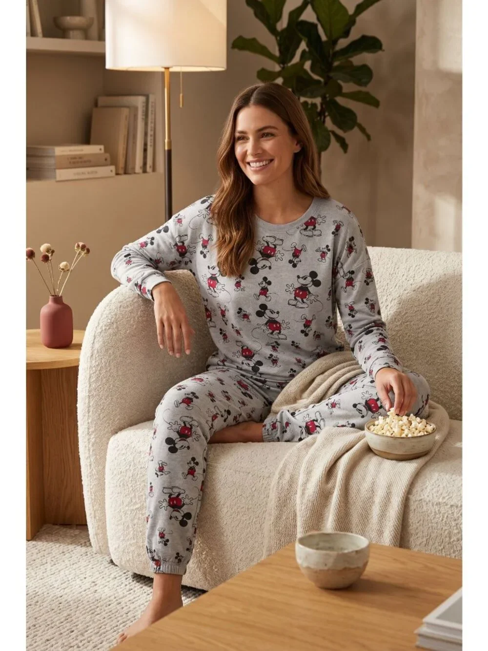 Disney Mickey Mouse Womens Pajama Set L 12-14 Gray Fleece Jogger Lounge NWT